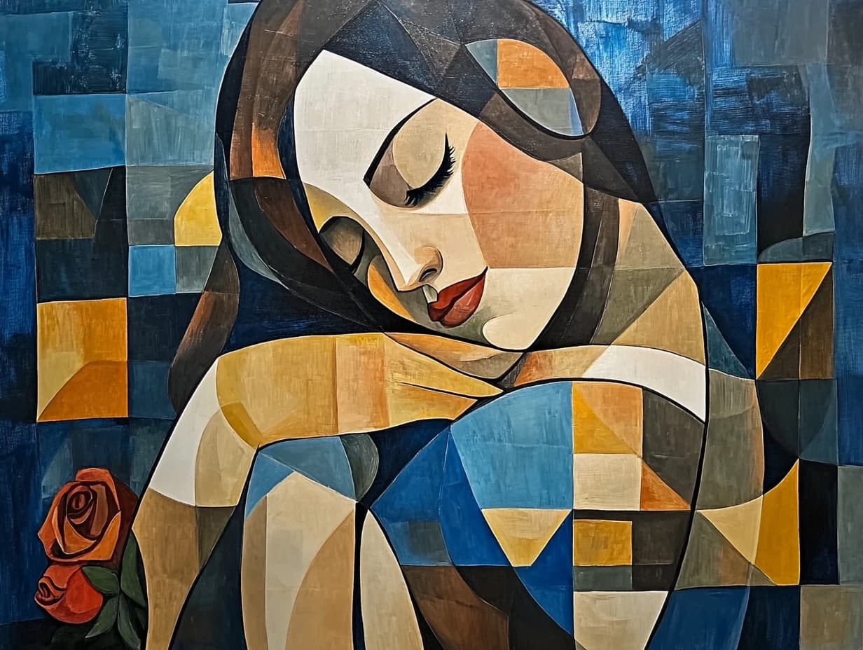 Cubist sleeping woman in slate blue planes with a single dark red rose