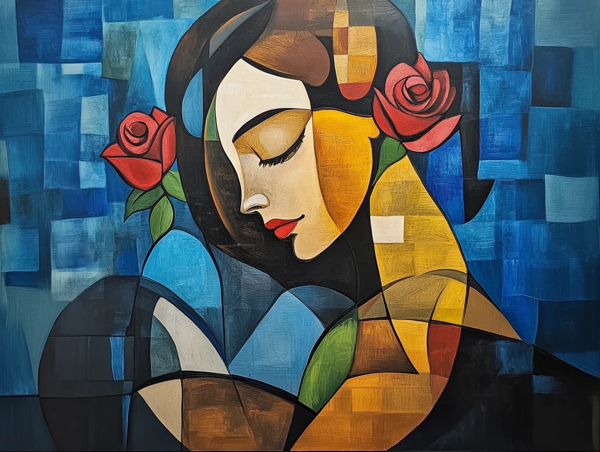 Cubist portrait in blue planes with two red roses at the shoulder