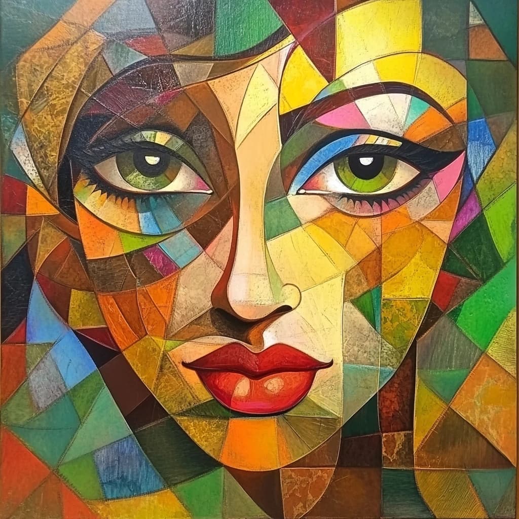 Close-cropped cubist face in gold and green facets with striking green eyes