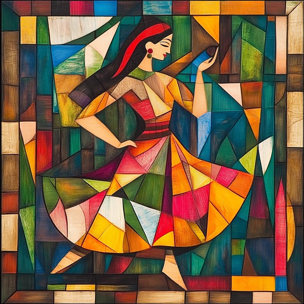 Cubist dancer in a red dress against a mosaic of ochre and teal blocks