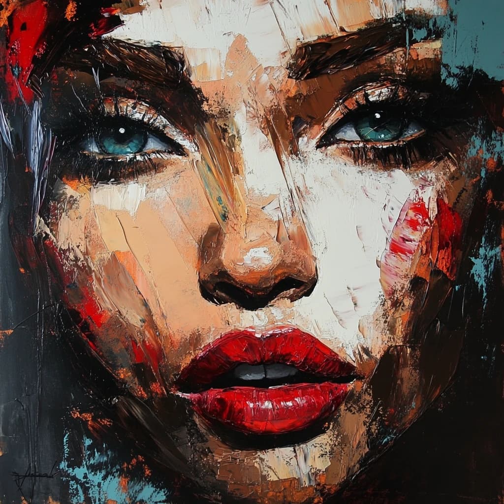 Palette-knife portrait with bold white, black and red strokes
