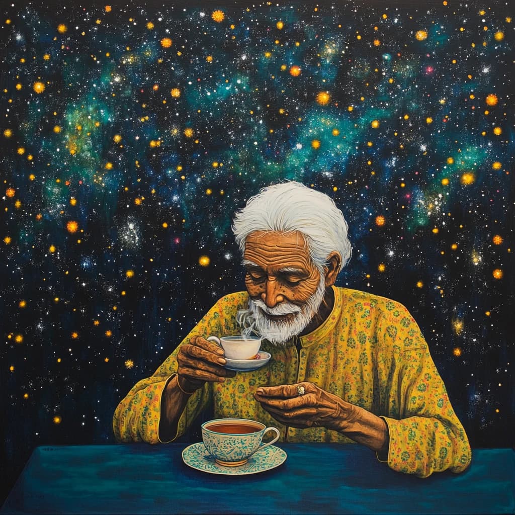 Elderly man drinking tea beneath a vast field of stars