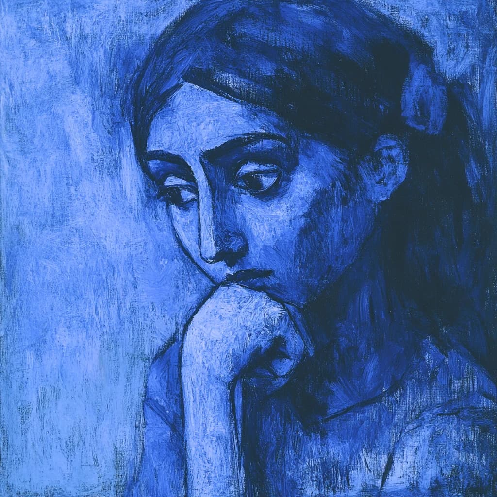 Blue-period style study of a woman resting her head on her hand