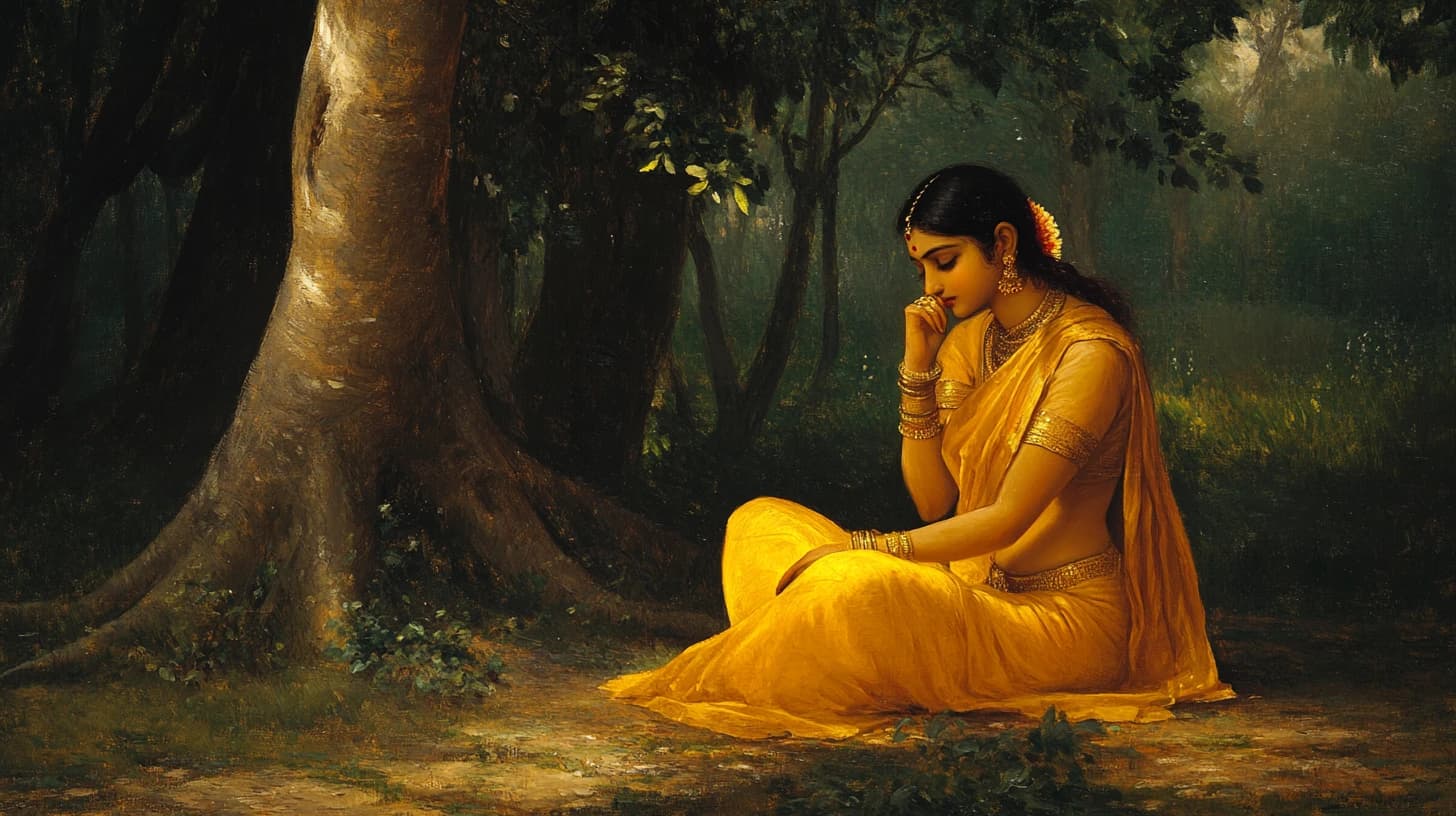 Sita in a yellow sari seated beneath a large tree in a shaded green grove