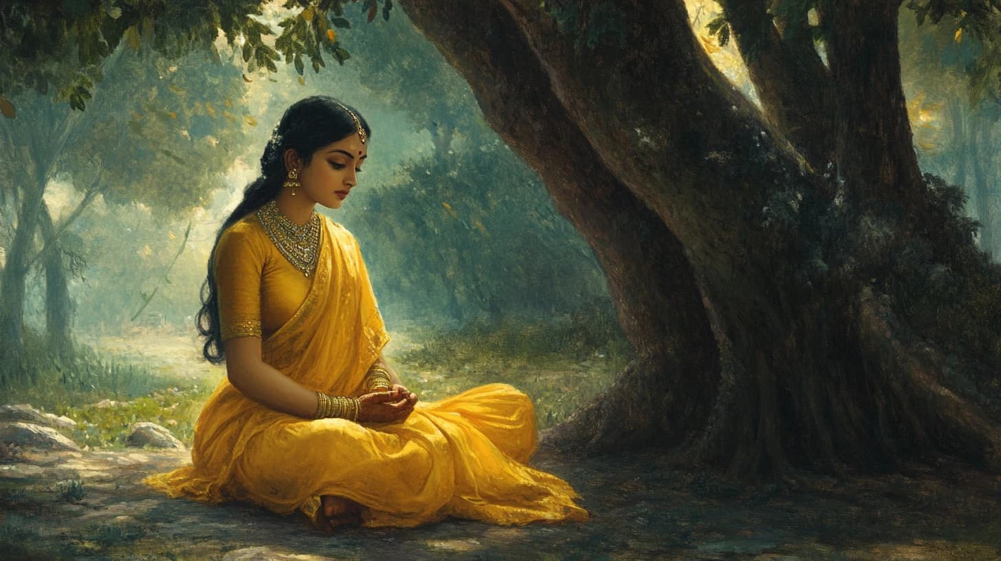Woman in a yellow sari seated under a tree in warm golden afternoon light