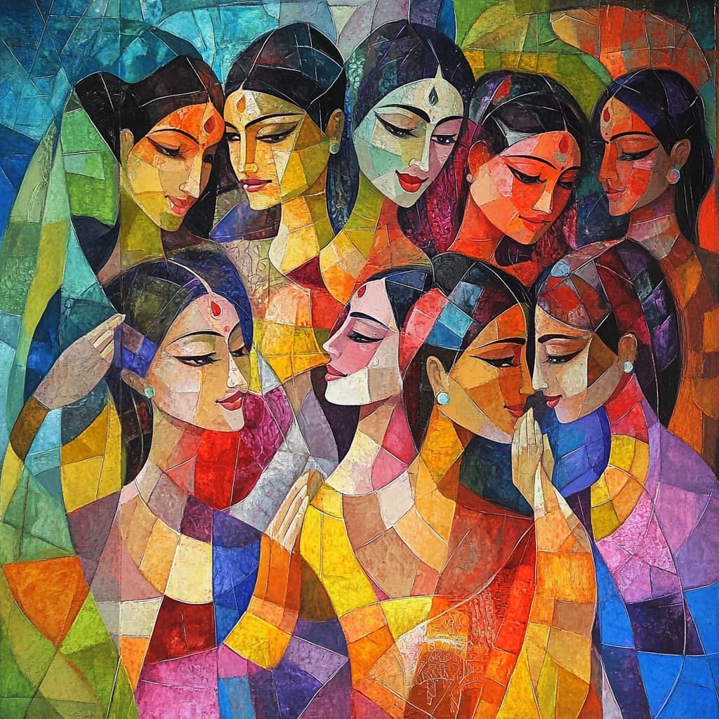 Cubist composition of nine overlapping women's faces in warm rust and rose tones