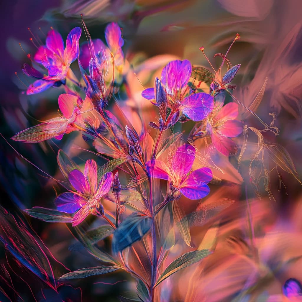 Magenta wildflowers streaked with backlight and motion