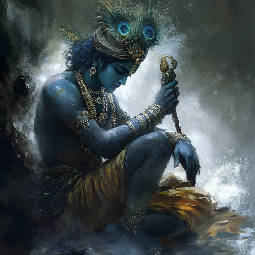 Krishna in deep indigo light, head bowed to his flute, a peacock feather at his crown