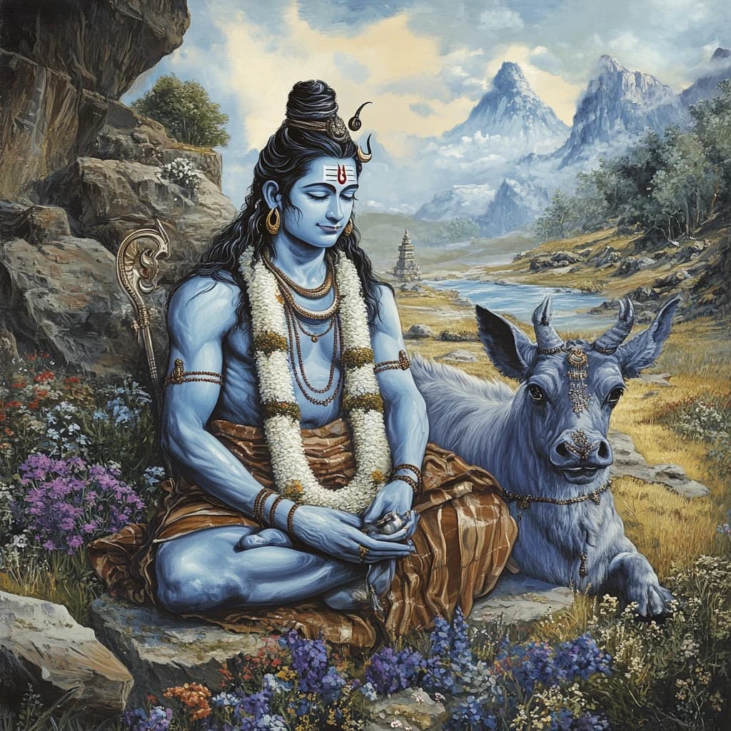 Shiva meditating with Nandi before snow-covered Himalayan peaks and wildflowers