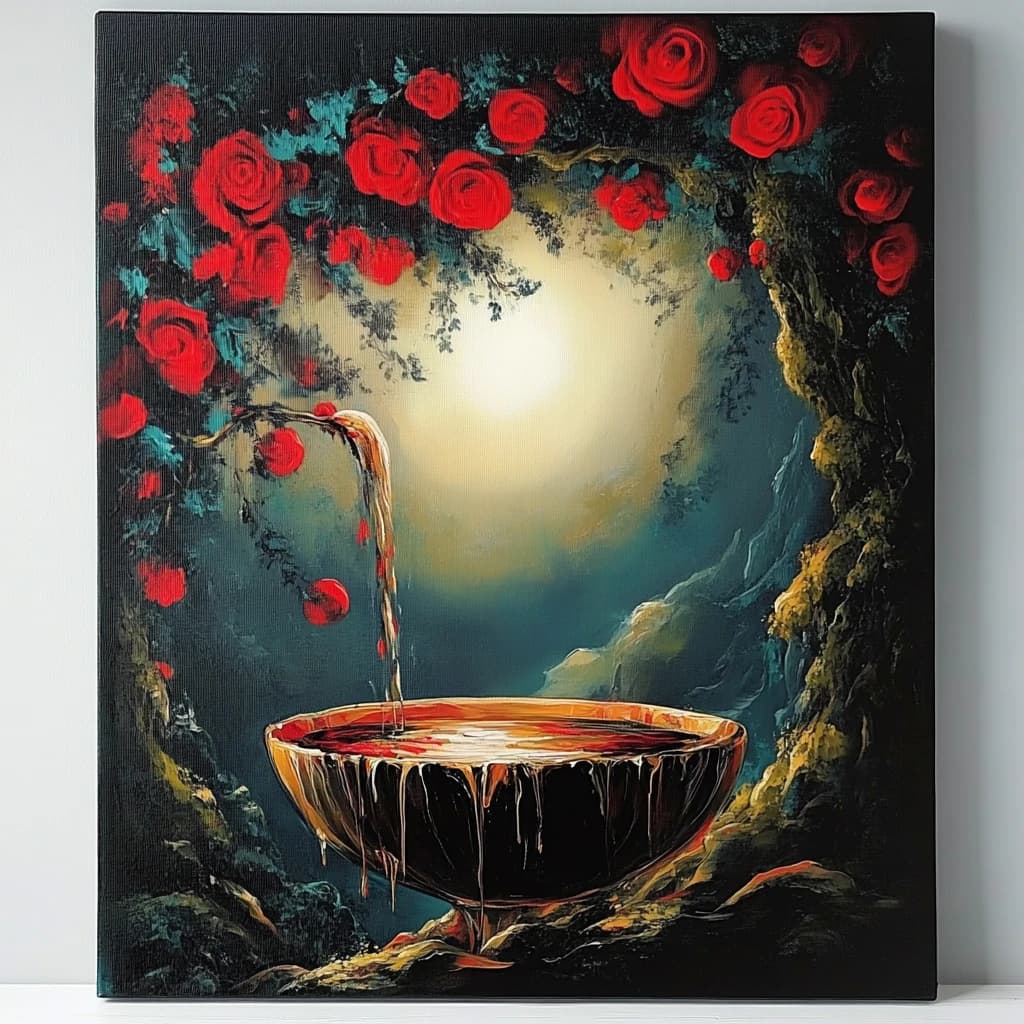 Red roses wreathed around a glowing bowl, painted in heavy impasto